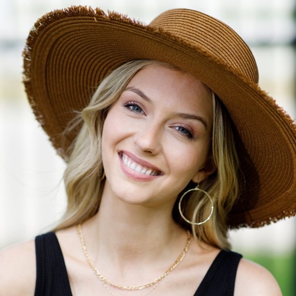 SOLD OUT Brown Straw Wide Brim w/ Frayed Edge Sun Beach Vacation Summer Women's - Picture 4 of 7